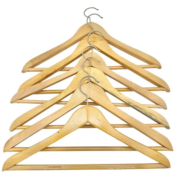 Set Of 6 Vintage Wooden Clothes Hangers With Metal Hooks Made In W. Germany - Picture 2 of 3